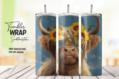 Highland Cow with Blue Sunflower Glasses Tumbler Wrap PNG Product Image 1