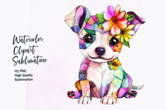 Watercolor cute kawaii dog in patchwork patterned clipart Product Image 1