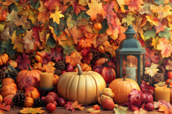 Lantern with Pumpkins and Autumn Leaves Background Product Image 1