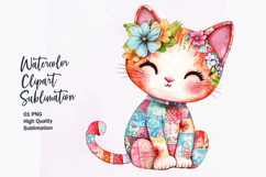 Watercolor cute kawaii cat in patchwork patterned clipart Product Image 1