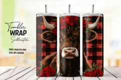 Red Rose and Buffalo Check Highland Cow Tumbler Wrap PNG Product Image 1