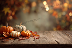 Pumpkins on Wooden Table with Autumn Lights Background Product Image 1