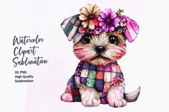 Watercolor cute kawaii dog in patchwork patterned clipart Product Image 1