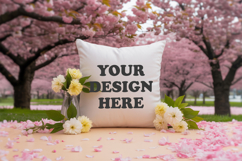 White pillow with Spring Blossom background, pillow mockup Product Image 1