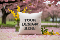 White pillow with Spring Blossom background, pillow mockup Product Image 1