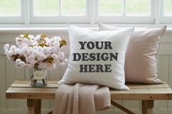 White pillow with Spring Blossom background, pillow mockup Product Image 1