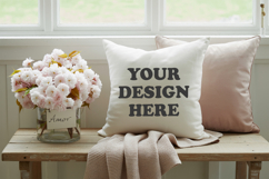 White pillow with Spring Blossom background, pillow mockup Product Image 1