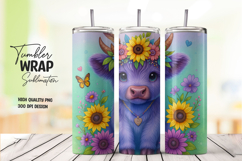 Cute Highland Cow Floral Tumbler Wrap Sublimation PNG Product Image 1