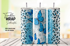Blue Butterfly Leopard Print Tumbler Wrap Sublimation Design Product Image 1