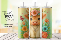 Cute Highland Cow Floral Tumbler Wrap Sublimation PNG Product Image 1