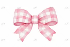 Pink Gingham Bow Watercolor Clipart PNG Product Image 1
