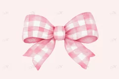 Pink Gingham Bow Watercolor Clipart PNG Product Image 2