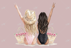 Summer Vibes Girls Besties in Swimsuits Watercolor clipart Product Image 3