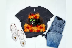 Cat with maple leafs wreath clipart, Autumn PNG sublimation Product Image 3