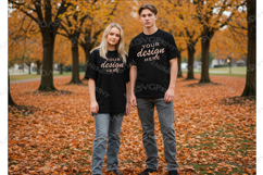 Black t shirt Girl and boy mockup, couple autumn Mock up JPG Product Image 1