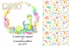 Cute dinosaur, watercolor clipart print on T-shirt. Digital Product Image 1