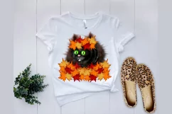 Cat with maple leafs wreath clipart, Autumn PNG sublimation Product Image 4