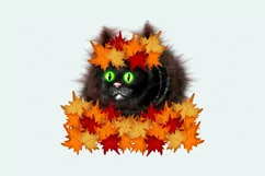 Cat with maple leafs wreath clipart, Autumn PNG sublimation Product Image 1