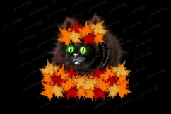 Cat with maple leafs wreath clipart, Autumn PNG sublimation Product Image 2