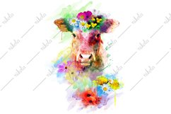 Cow Watercolor Flowers Sublimation Clipart PNG JPG Product Image 1
