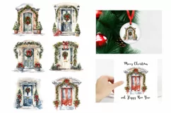 Watercolor Christmas door clipart Holiday Christmas Porch Product Image 2