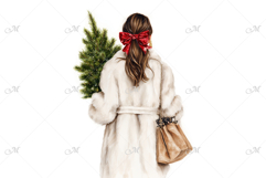 Woman in a white coat carrying a Christmas tree Product Image 1