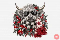 Christmas Highland Cow PNG | Sunglasses & Cozy Scarf Png Product Image 1