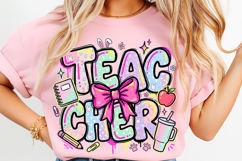  Teacher PNG, Back to School PNG, Preppy Teacher SVG, Coquette Bow PNG, Teacher Shirt Design, School PNG, First Day of School, Doodle Letters PNG, Teacher Appreciation, Girly School PNG Start agent Create