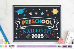 Colorful preschool graduation sign 2025 with stars, banner and crayons on black background for last day of school photo.