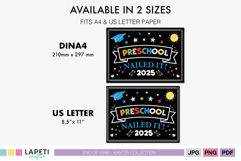 Preschool end of year printable sign in US Letter and A4 sizes with cheerful graduation theme and rainbow lettering.
