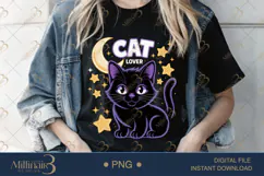 Cute Cat Lover PNG | Black Cat with Moon & Stars Clipart Product Image 1