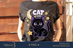 Cute Cat Lover PNG | Black Cat with Moon & Stars Clipart Product Image 2