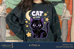 Cute Cat Lover PNG | Black Cat with Moon & Stars Clipart Product Image 3