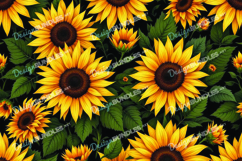 Bright Sunflower Pattern with Green Leaves Black Backgroud Product Image 1