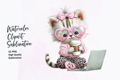 Cute Cat with Coffee Laptop Watercolor Clipart Sublimation Product Image 1