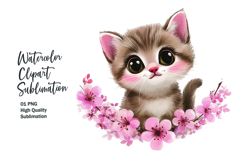 Cat with flowers watercolor clipart png Product Image 1