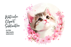 Cat with flowers watercolor clipart png Product Image 1