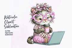 Cute Cat with Coffee Laptop Watercolor Clipart Sublimation Product Image 1