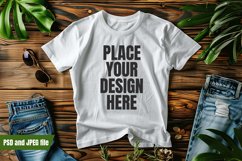 Large white t-shirt mockup on rustic board with jean Product Image 1