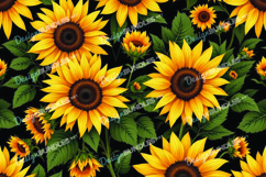 Bright Sunflower Pattern with Green Leaves Black Backgroud Product Image 1
