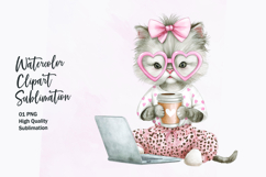 Cute Cat with Coffee Laptop Watercolor Clipart Sublimation Product Image 1