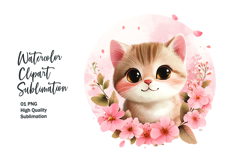 Cat with flowers watercolor clipart png Product Image 1