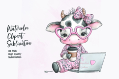 Cute Highland Cow with Coffee Laptop Watercolor Clipart Product Image 1