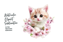 Cat with flowers watercolor clipart png Product Image 1