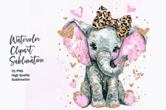 Baby Elephant with Bow Hearts Watercolor Clipart Sublimation Product Image 1