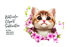 Cat with flowers watercolor clipart png Product Image 1