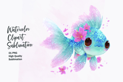 Blue Fish with Flower Crown Watercolor Clipart Sublimation Product Image 1