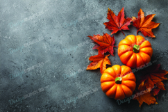 Pumpkins with Autumn Leaves Berries White Wooden Background Product Image 1