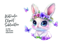 Cute bunny with flowers watercolor clipart png Product Image 1