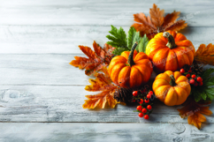 Pumpkins with Autumn Leaves Berries White Wooden Background Product Image 1